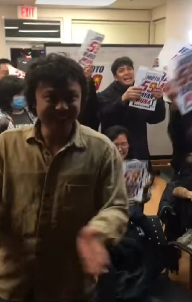 The Vancouver-based Filipino youth group Anakbayan performed with great vigor during a watch party yesterday night, February 19, at the online global proclamation rally of Makabayan 11 and the Bayan Muna Partylist, which was held in Hong Kong. (Photo taken from Albert Lopez's Facebook post.)