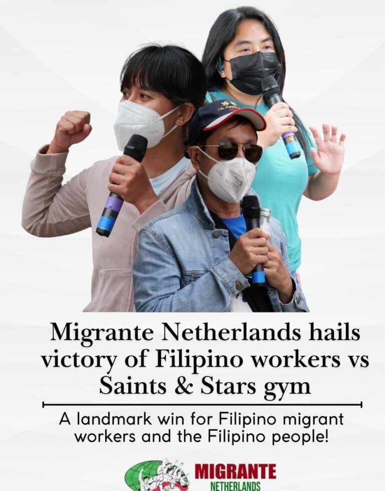 Migrante Netherlands hails victory of Filipino workers against Saints & Stars Gym: A landmark win for Filipino migrant workers and the Filipino people